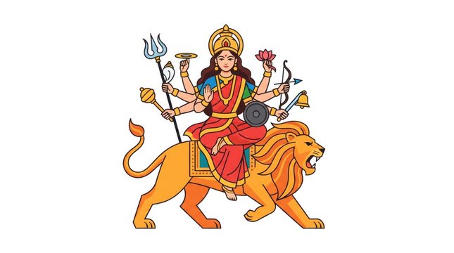 Illustration of goddess durga riding a lion, holding various divine weapons, traditional hindu religious icon