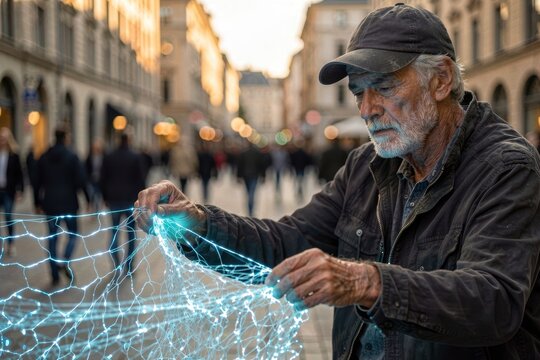 Elderly man holding glowing futuristic net on city street