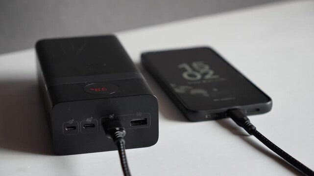 A black portable power bank charging a smartphone. Concept of modern gadgets and technology. Backup power, electricity, energy storage, blackout.