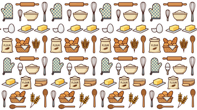 Seamless Pattern of Baking Ingredients and Kitchen Utensils.