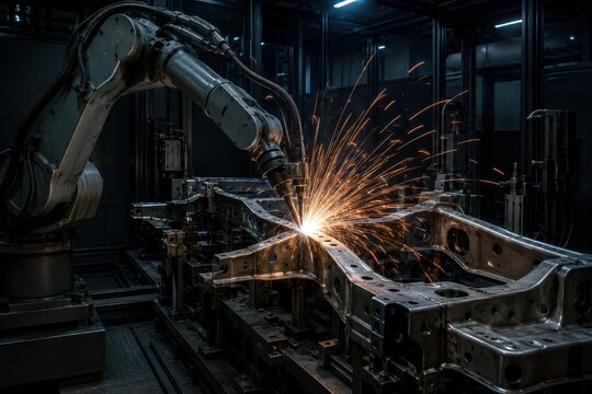 Sparks showering from a robotic welding cell in a factory