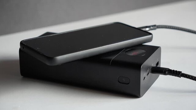 A black portable power bank charging a smartphone. Concept of modern gadgets and technology. Backup power, electricity, energy storage, blackout.