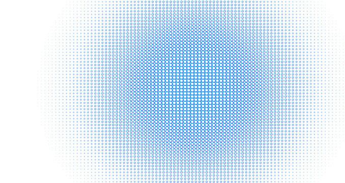 Abstract blue halftone radial pattern with dots on a black background, glowing center for technology and digital light effects