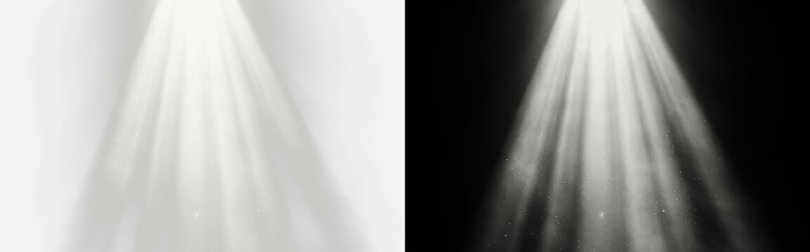 Bright white light beam with glowing dust particles, soft stage spotlight effect isolated on transparent background, 3D render overlay for cinematic lighting, digital art, and graphic design