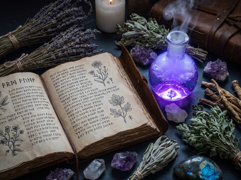 An ancient spellbook lies open, surrounded by mystical ingredients like herbs, crystals, and a glowing potion, evoking a sense of magic and witchcraft.