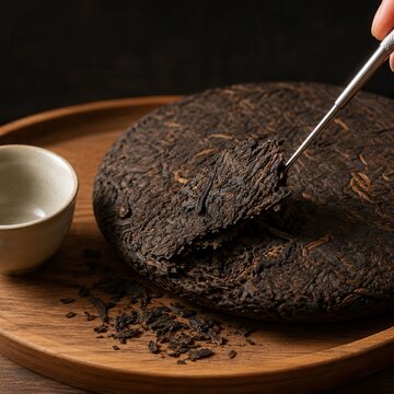 Compressed tea cake being prised apart with a pick