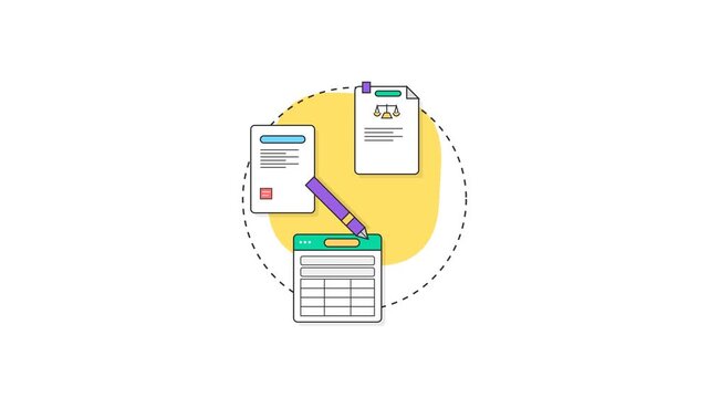 Animated accounting and tax law document processing with financial spreadsheet and legal forms icon motion