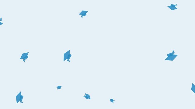 Animated blue graduation caps falling seamless background, looping motion for, education and academic success