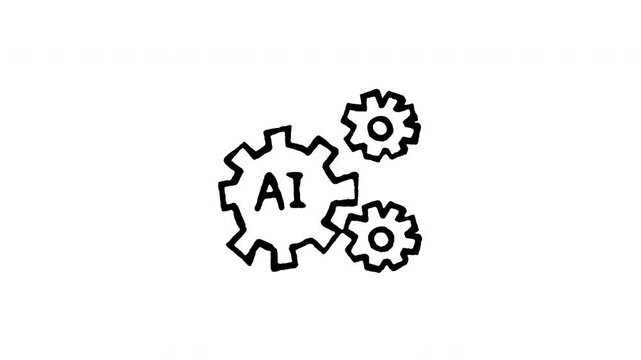 Animated doodle icon of multiple gears turning with a brain AI symbol in the center.
