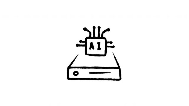 Animated doodle icon of a complex microchip processor with AI brain symbol.