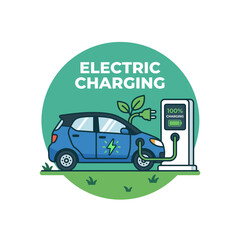 Obraz premium Illustration of a blue electric car charging at a station.