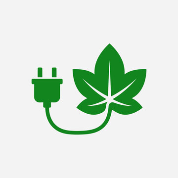Green leaf connected to an electrical plug symbolizing eco-friendly energy.