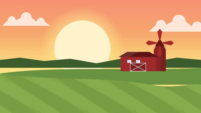 Animated farm landscape at sunset with rotating windmill and red barn in green countryside background