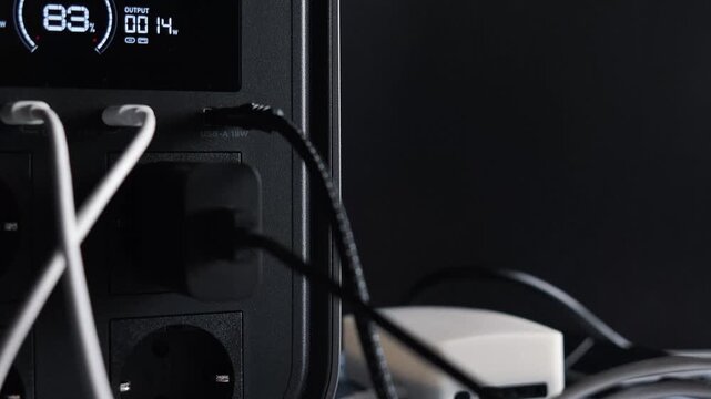 Portable power station for powering devices; charging smartphones, tablets, smartwatches, power banks, and flashlights. A concept for backup power and energy independence. Electricity, energy storage