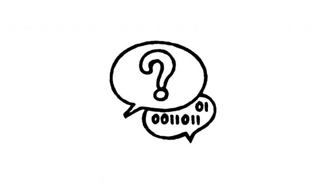 Animated doodle icon of a question mark surrounded by floating 0 and 1.