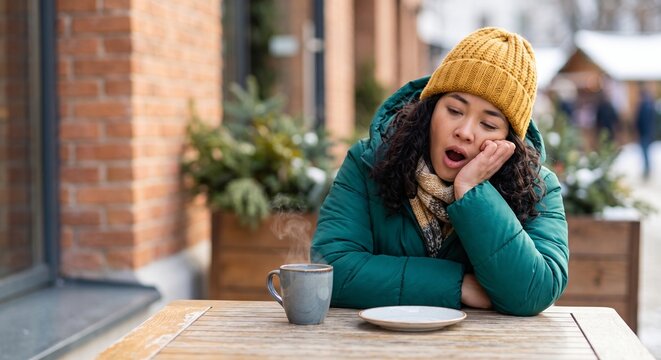 person needing a nap in winter, Young Asian woman yawning at outdoor caf&eacute; table in winter clothing