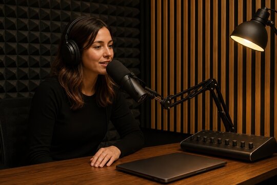 Woman recording a podcast alone in a small studio booth