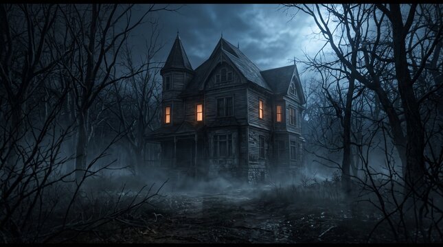 Spooky haunted house in a dark foggy forest at night for helloween celebration background