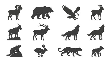 Obraz premium Mountain wildlife icons with wild mammal and bird silhouettes.