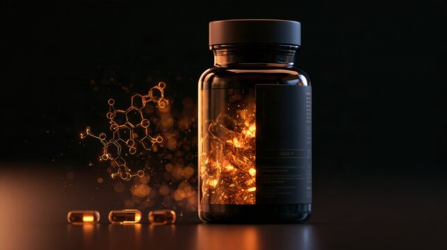 A dark premium supplement bottle holds glowing amber liquid. A molecular NAD structure hologram appears beside the bottle against a dark background.