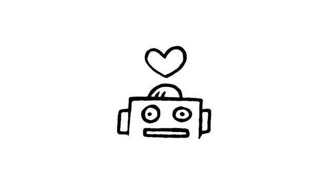 Animated doodle icon of a friendly robot character with a happy heart above.