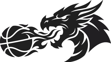 Fototapeta premium Black dragon head mascot logo with a flaming basketball graphic for sports teams and competitive gaming tournaments