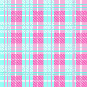 Pink light blue plaid fabric pattern with white intersecting lines seamless textile design featuring classic checkered tartan grid for fashion apparel