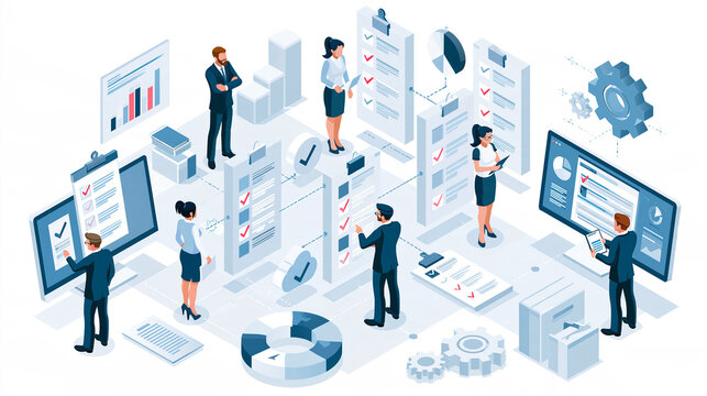 Diverse team collaborating on project tasks and analytics with charts and checklists. Business process concept.