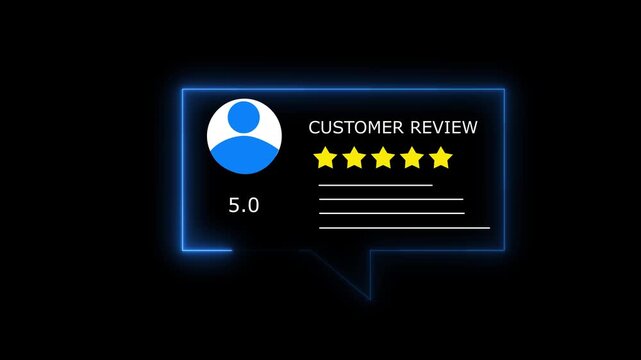 Glowing neon Rating 5 stars icon animation. animation customer review concept, character giving five star feedback on neon rectangle. animated customer satisfaction rating 4k