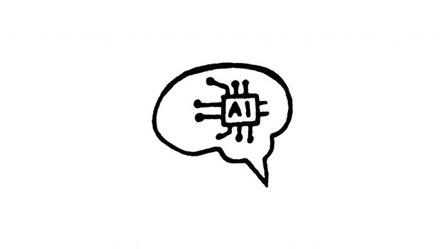 Animated doodle icon of a speech bubble with an AI brain symbol inside.