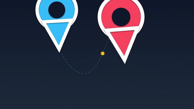 Animated map navigation route with blue and red location pin markers and travelling dot on dark background