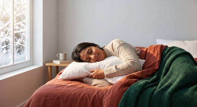 person sleeping late in winter, Young woman sleeping peacefully in bed on a winter morning