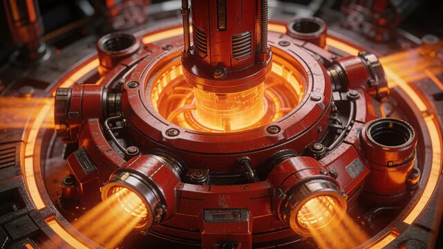 Rotating complex industrial machine with a glowing orange energy core creating powerful light beams