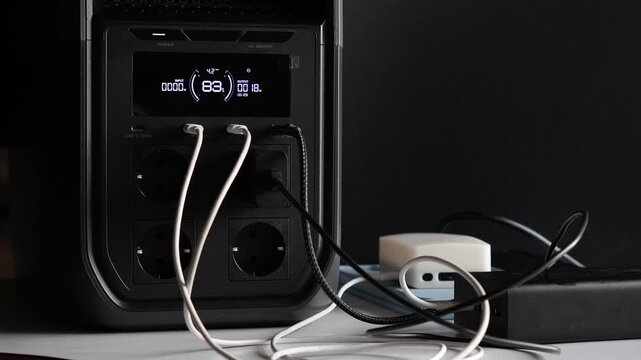 Portable power station for powering devices; charging smartphones, tablets, smartwatches, power banks, and flashlights. A concept for backup power and energy independence. Electricity, energy storage