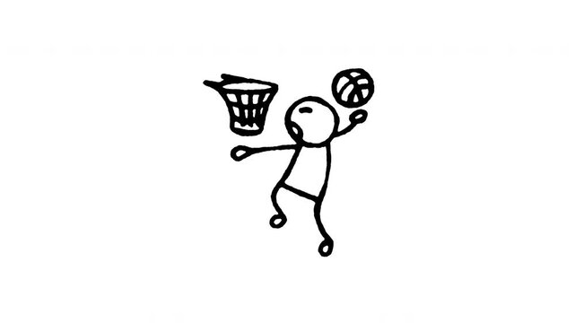 Animated doodle icon of a player jumping and dunking a basketball for a score.