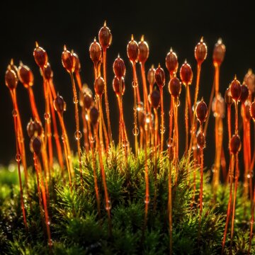 Moss spore capsules backlit on fine stalks