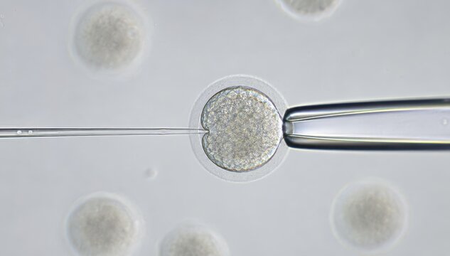 Fine glass micropipette touching a single cell under the microscope