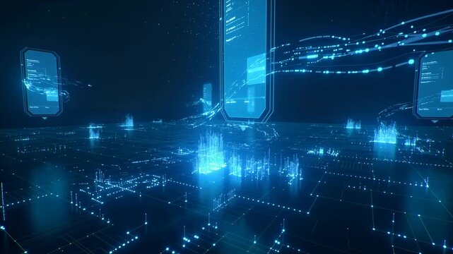 Data flowing through a network grid with futuristic mobile device interfaces and glowing circuits