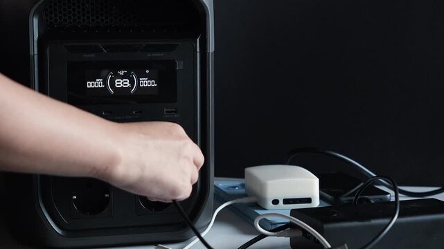 Turning on a portable power station and connecting cables to power devices. AC outlet, USB-C port. Concept of backup power and energy independence. Electricity, energy storage, blackout, battery.