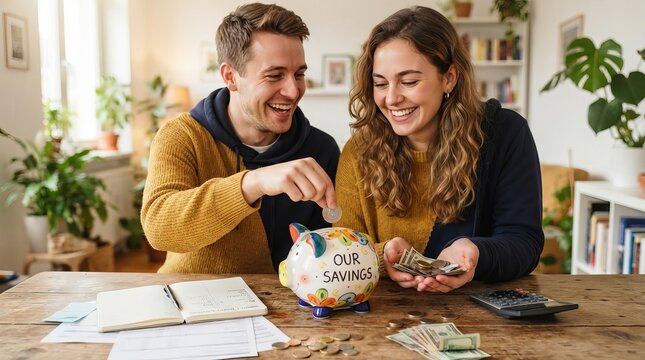Happy Young Couple Dropping Coin Into A Colorful Piggy Bank Planning For Their Future Financial Life