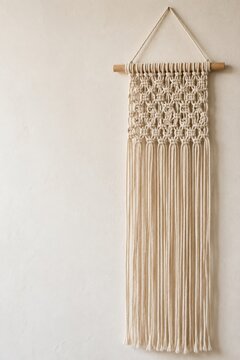 Macrame wall hanging of natural cotton cord on a wooden dowel