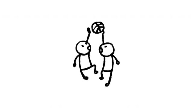 Animated doodle icon of two players in a one-on-one basketball duel defense.