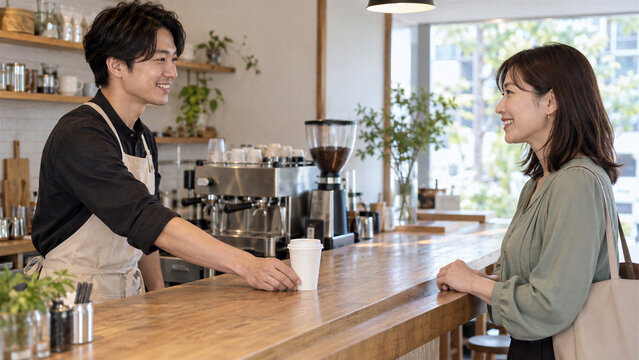 近所のカフェで常連の女性客に持ち帰りのコーヒーを提供する日本人バリスタ