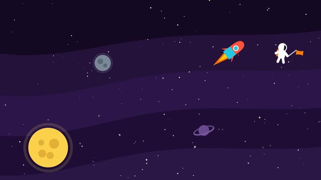 Animated space background, with flying rocket, ship and astronaut, floating in starry, galaxy with planets, for sci-fi projects