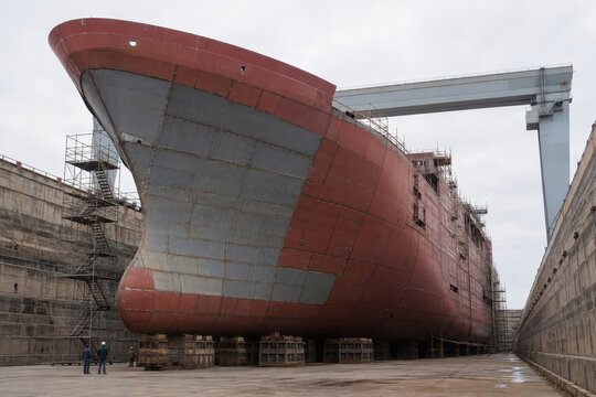 Ship hull under construction in a dry dock