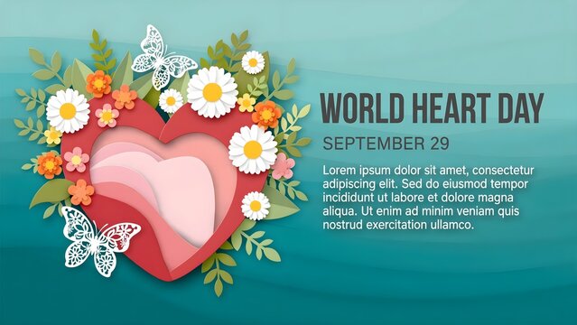 World Heart Day concept, beautiful flowers, leaves, and butterflies decorate the human heart, paper illustration, and 3d paper.