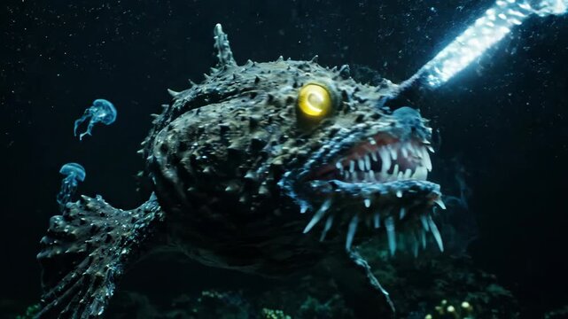 A monstrous deep-sea anglerfish with glowing eyes and sharp teeth lurks in the dark abyss.