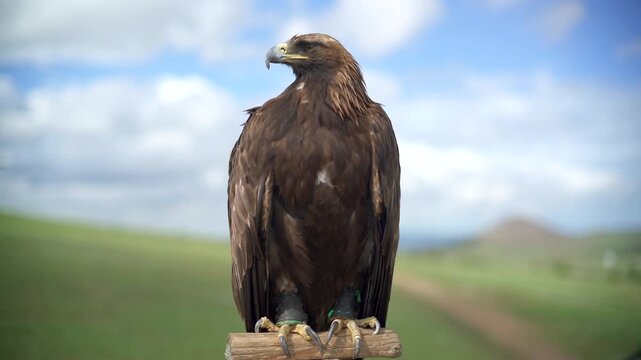 Eagle portrait with brown feathers, hooked beak, sharp eye, powerful talons, calm perch.