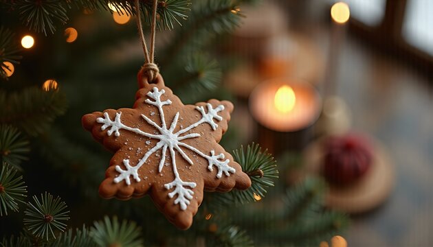 Star-shaped Gingerbread Ornament Hanging from Christmas Tree Branches