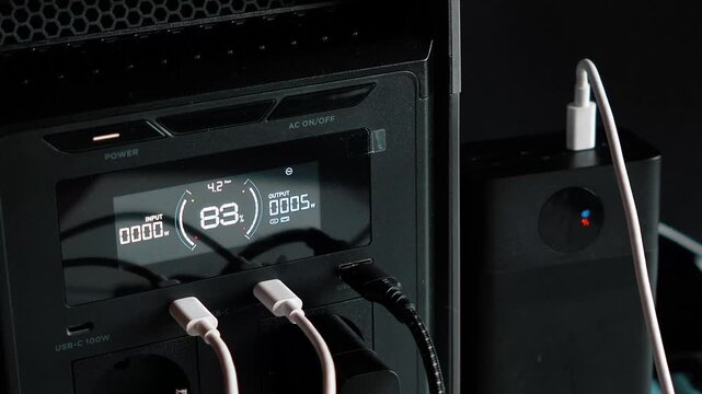 Portable power station with a Type-C cable connection for powering devices. Display showing battery charge percentage. Charging the power bank. Concept of backup power and energy independence.